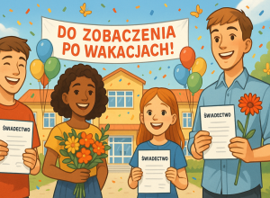 czniowie różnych klas stoją uśmiechnięci na dziedzińcu szkoły, trzymając świadectwa i kwiaty. W tle widać ozdobiony balonami budynek szkolny z napisem „Do zobaczenia po wakacjach!”.