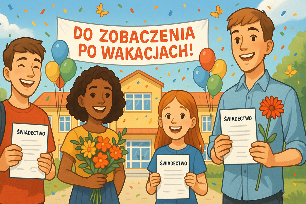 czniowie różnych klas stoją uśmiechnięci na dziedzińcu szkoły, trzymając świadectwa i kwiaty. W tle widać ozdobiony balonami budynek szkolny z napisem „Do zobaczenia po wakacjach!”. W powietrzu unoszą się konfetti i motyle. Scena przedstawia radosne zakończenie roku szkolnego w letniej aurze.