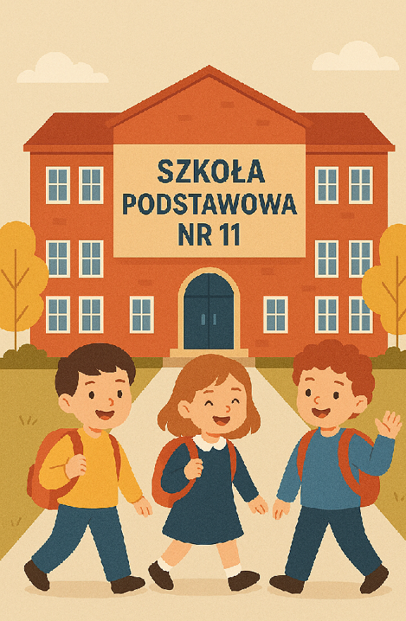 budynek Szkoły Podstawowej nr 11 z dużym napisem na froncie. Przed szkołą idzie trójka uśmiechniętych dzieci z plecakami, radośnie wracających na rozpoczęcie roku szkolnego