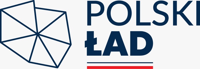 Logotyp "Polski Ład", czarny napis, po lewej stronie grafika uproszczonej mapy Polski