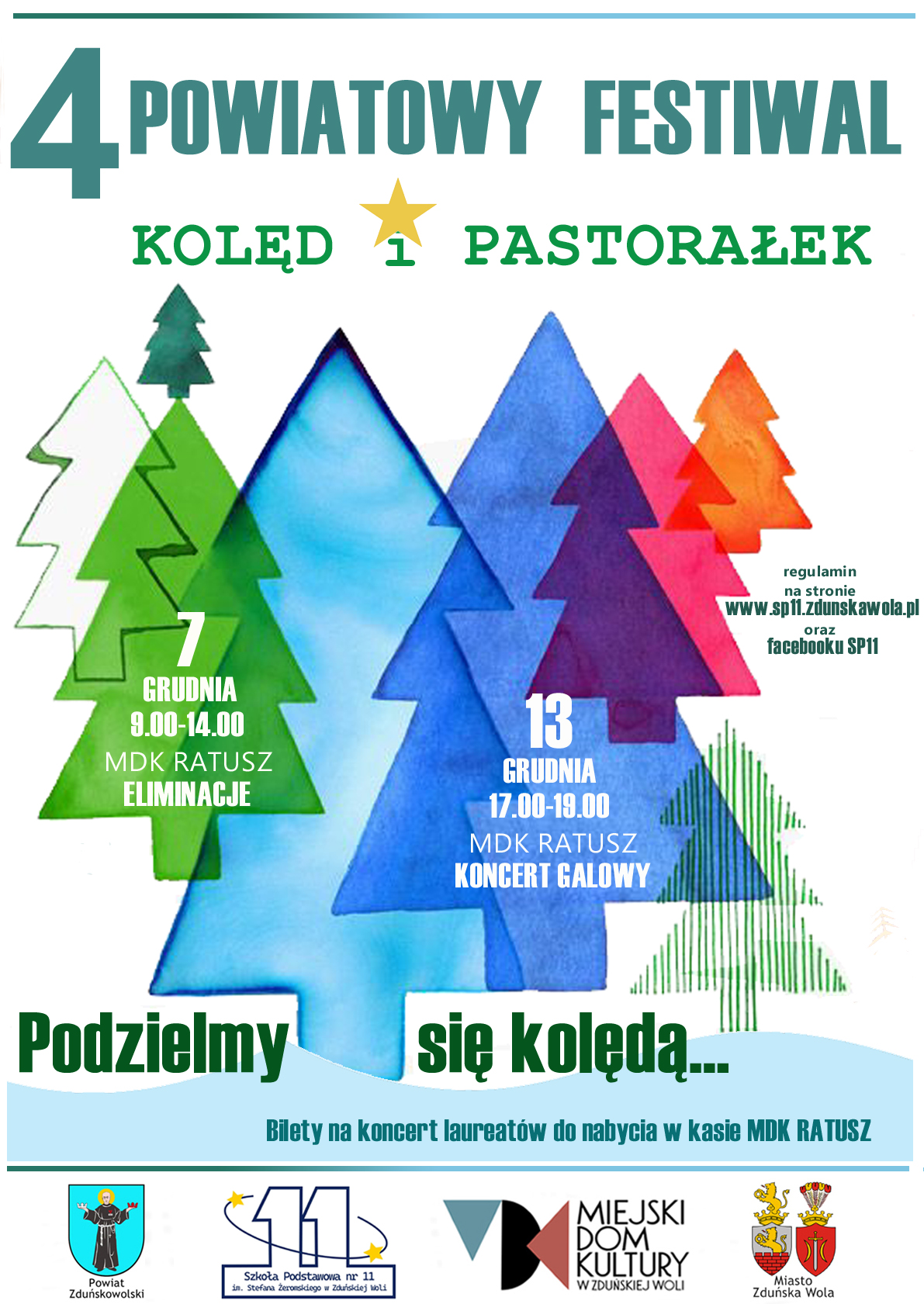 Napis 4 Powiatowy Festiwal Kolęd i Pastorałek. Kolorowe choinki - grafiki, u dołu strony loga organizatorów