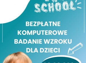 Chłopiec w żółtych okularach. Na niebieskim tle biały napis "Bezpłatne komputerowe badanie wzroku dla dzieci. 02.09.2024 8:30-11:30". W lewym górnym rogu logo OptimaMed