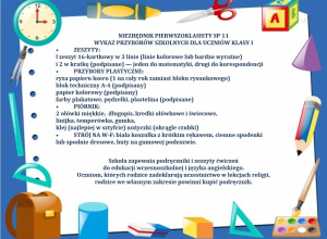 Niebieska ramka z ikonami artykułów szkolnych. Na białym tle czarną czcionką wyszczególnione elementy niezbędnika