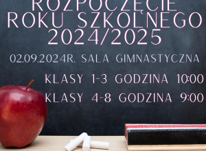 Tablica szkolna z napisem "Rozpoczęcie roku szkolnego 2024/2025, 02.09.2024 sala gimnastyczna Klasy 1-3 Godzina 10:00 klasy 4-8 godzina 9:00"