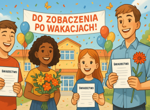 czniowie różnych klas stoją uśmiechnięci na dziedzińcu szkoły, trzymając świadectwa i kwiaty. W tle widać ozdobiony balonami budynek szkolny z napisem „Do zobaczenia po wakacjach!”.
