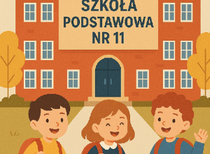 Ilustracja przedstawiająca budynek Szkoły Podstawowej nr 11 z dużym napisem na froncie. Przed szkołą idzie trójka uśmiechniętych dzieci z plecakami, radośnie wracających na rozpoczęcie roku