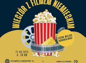 Na zdjęciu widać rysunek kubełka z popcornem oraz taśmy filmowej. Tytuł "Wieczór z filmem niemieckim" 22.09.2023 g.19:00, liczba miejsc ograniczona