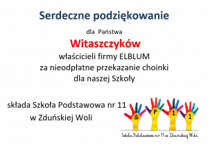 Serdeczne podziękowanie dla Państwa Witaszczyków, właścicieli firmy ELBLUM za nieodpłatne przekazanie choinki naszej Szkole